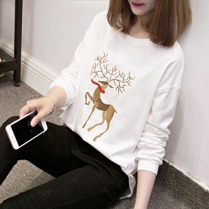 Cotton sika deer embroidery sweater..