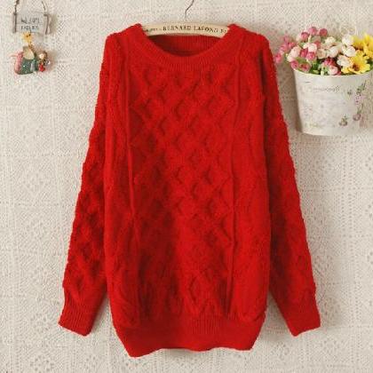 Cable Knit Crew Neck Long Cuffed Sleeves Sweater