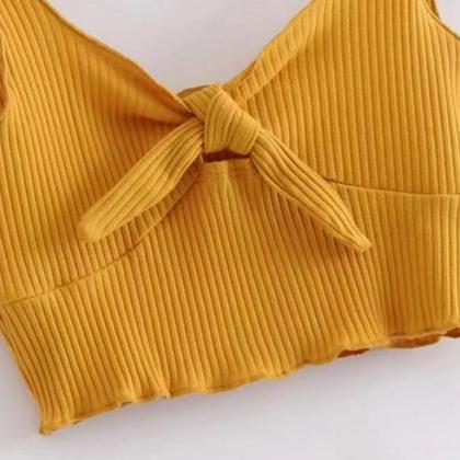 Ribbed Knit Tie-Front Plunge V Slee..