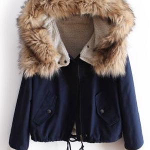 Sexy Fashion Navy Fur Hooded Long S..