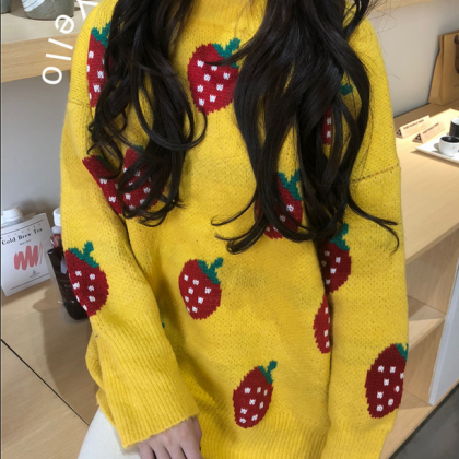 Strawberry Print Thick Warm Sweater
