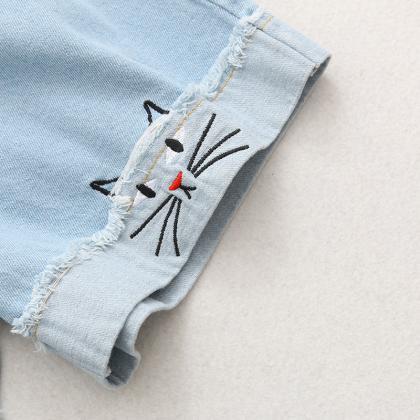 Cartoon Cat Embroidery Shorts