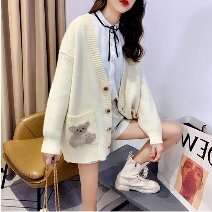 Korea Style Bear Embroidery Sweater Cardigan #pr1000 on Luulla