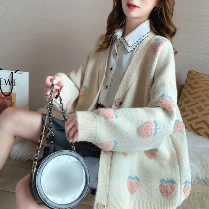 Cute Pink Strawberry Embroidered Cardigan Sweater