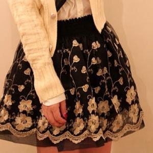Retro Inspired High Waist Embroidered Black Floral..
