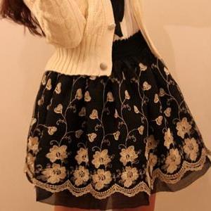 Retro Inspired High Waist Embroidered Black Floral..