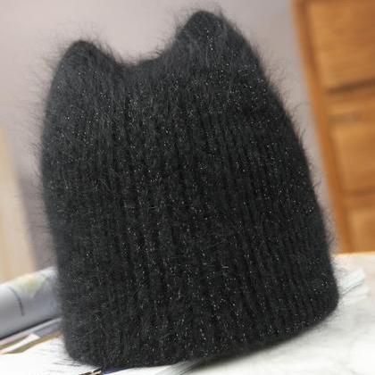Cute cat ears rabbit fur knitted wo..
