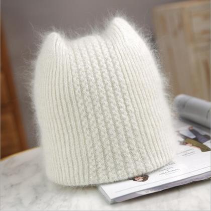 Cute cat ears rabbit fur knitted wo..