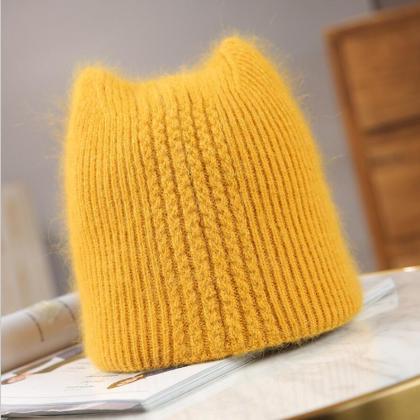 Cute cat ears rabbit fur knitted wo..