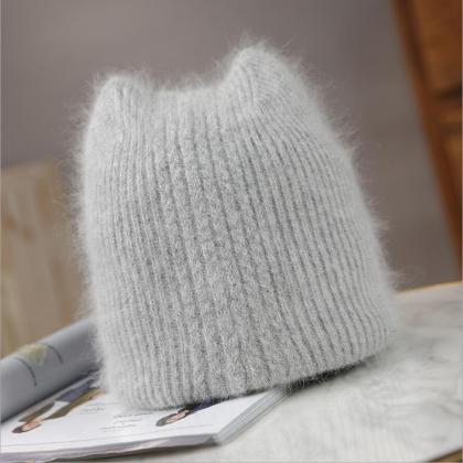 Cute cat ears rabbit fur knitted wo..