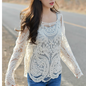 Loose Hook Flower Hollow Out Long Sleeve Blouse