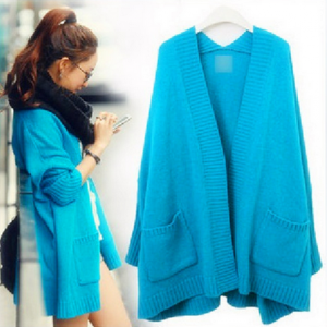 Blue Open Front Long Sleeve Ribbed ..