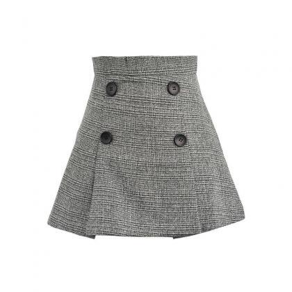 Grey Plaid A Line Skirt Buttons Dec..