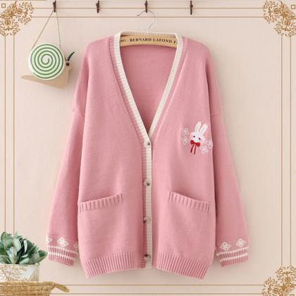 Kawaii Sweet Lolita Cute Bunny Embroidery Knitted..
