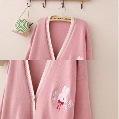 Kawaii Sweet Lolita Cute Bunny Embroidery Knitted..
