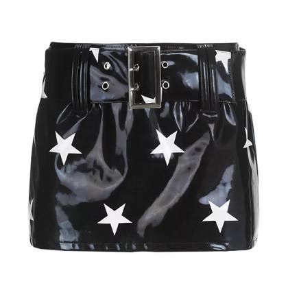 Black PU Glossy Star Print Mini Ski..