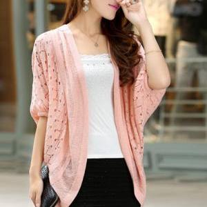 Half Bat Sleeves Hollow-out Pink Re..