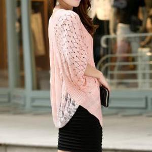 Half Bat Sleeves Hollow-out Pink Re..