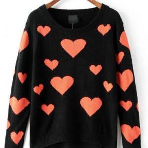 Heart Print Round Neck Long Sleeve Woman Sweater ,..
