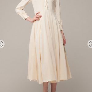 Beige Stand Collar Long Sleeve Pleated Dress