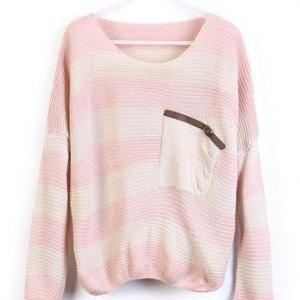 Loose Pink Striped Sweater With Poc..