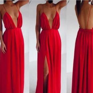 Sexy Red Chiffon Backless Strips Dress Red..