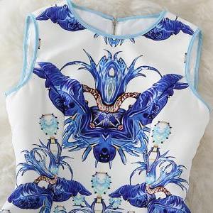 Blue And White Print Pattern Sleeveless Dress