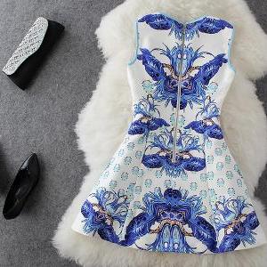 Blue And White Print Pattern Sleeveless Dress