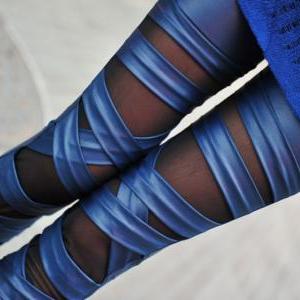 Unique Blue Mesh Leather Lace Leggi..