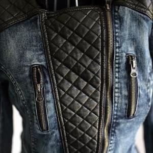 Women Slim Fit Denim Splice Leather..