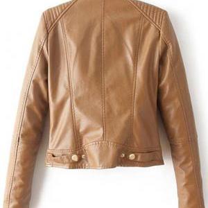 Stylish Brown Leather Moto Jacket Featuring Side..