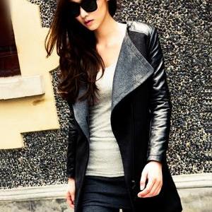Faux Leather Sleeves Big Lapels Slim Coat