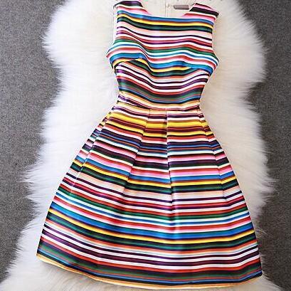 Sleeveless Colourful Striped Short Summer Dress