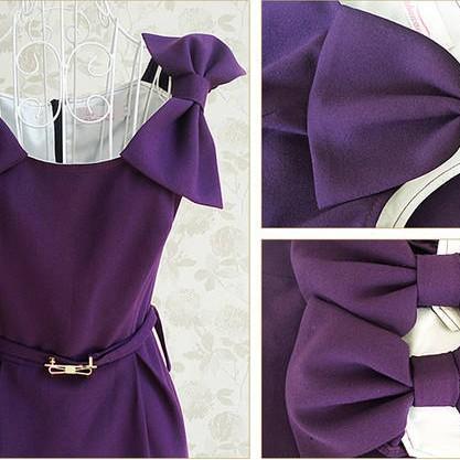 Temperament Purple Bow Belt Dress on Luulla