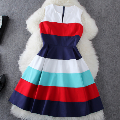 Summer Fashion Color Stripe Sleevel..
