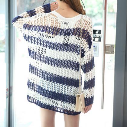 Casual Loose Stripe Crochet Sweater - Blue