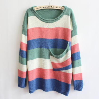 Green Collar Multicolor Striped Pocket Sweater