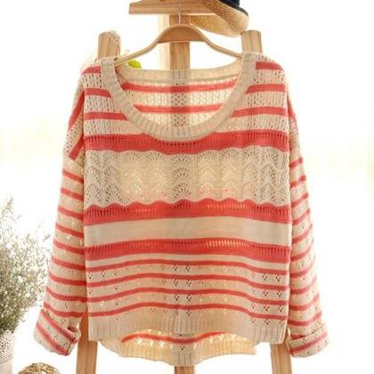 Pink Loose Hollow Striped Sweater