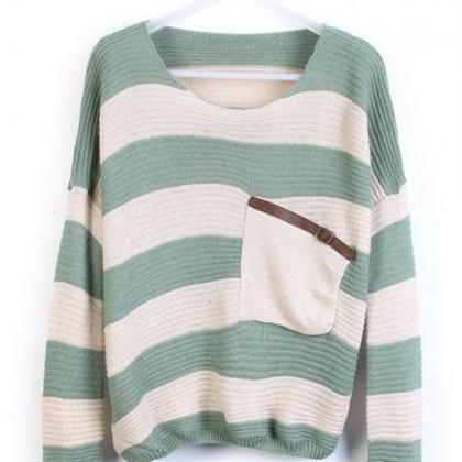 Loose Green Striped Sweater With Po..