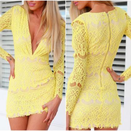 Sexy V Neck Yellow Long Sleeve Lace..