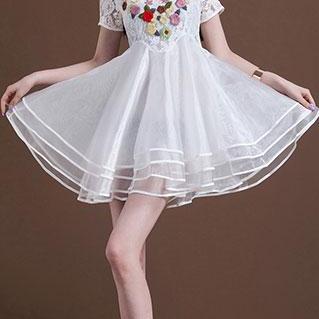 Sexy Embroidery Flower Short Sleeve Layered Lace..