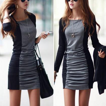 Fashion Contrast Color Long Sleeve Round Neck Slim..