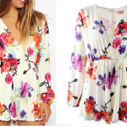 Sexy Gorgeous Floral Printed Long Sleeve Jumpsuit