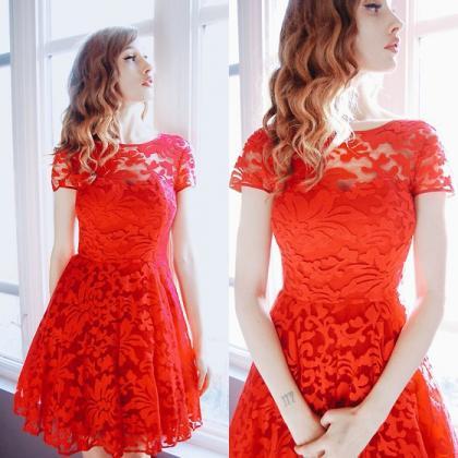 Fashion Sexy Perspective Lace Red Dress