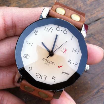Cute Retro Digital Algorithm Dial Leather Watch