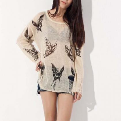 Sexy Butterfly Printed Frayed Knit..