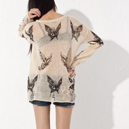 Sexy Butterfly Printed Frayed Knit..