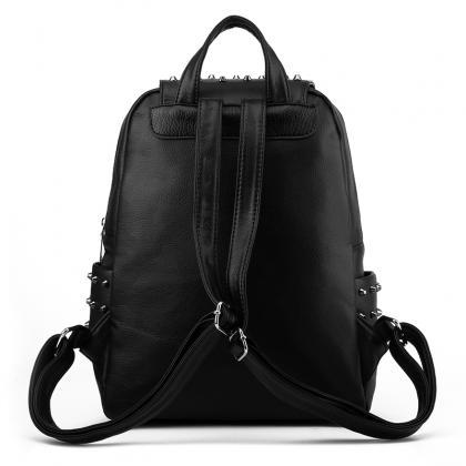 Black Leather Backpack With Rivets Details