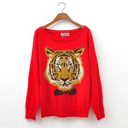 Cool Sleeve Sweater With Red Tiger Head
