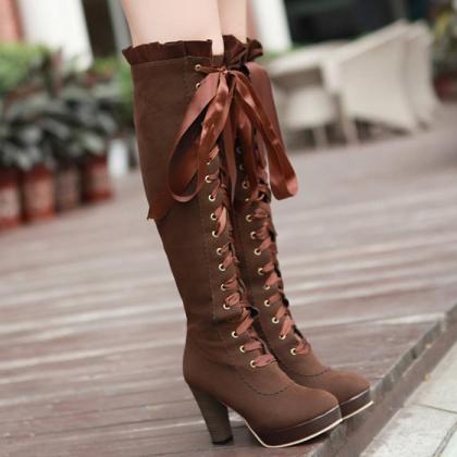 Sexy Bow Lace-Up Knee High Heeled B..